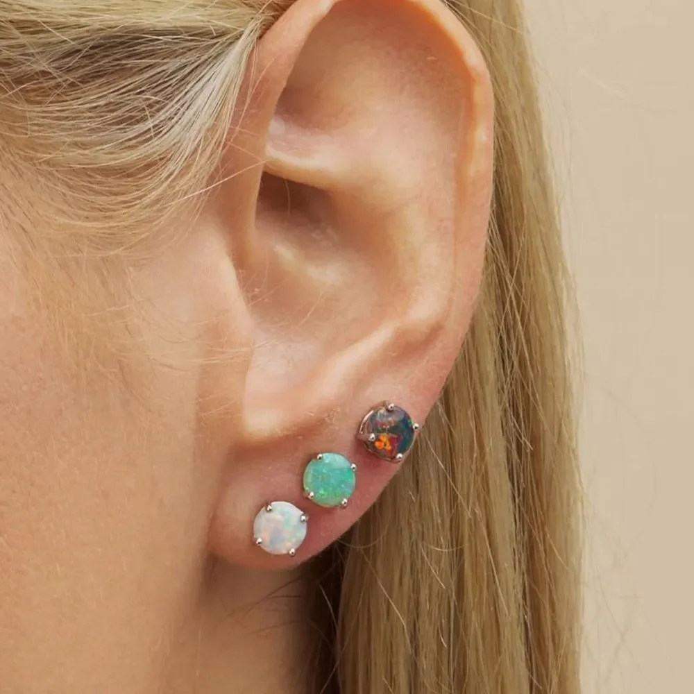 NEW 18K White Gold Plated Created Opal Stud Earrings 3 P Set